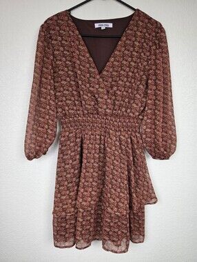 Mimi Chica Brown Floral Metallic Detail Dress Size Large